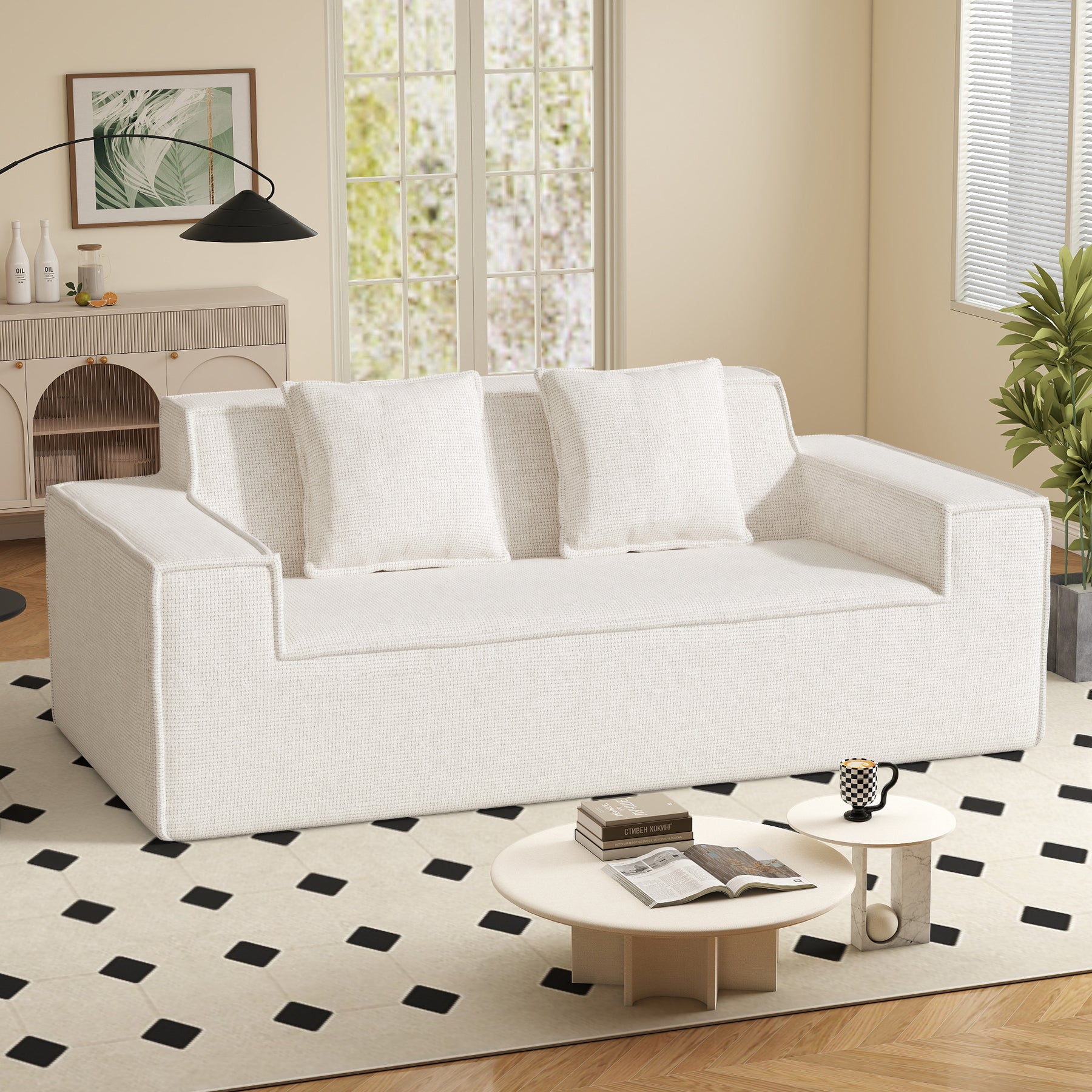 Modern Boucle Chenille Three Seat Sofa Bed Non-Assembly No Legs Cloud Sofa Removable Pillows Sponge Filling Convertible Massage