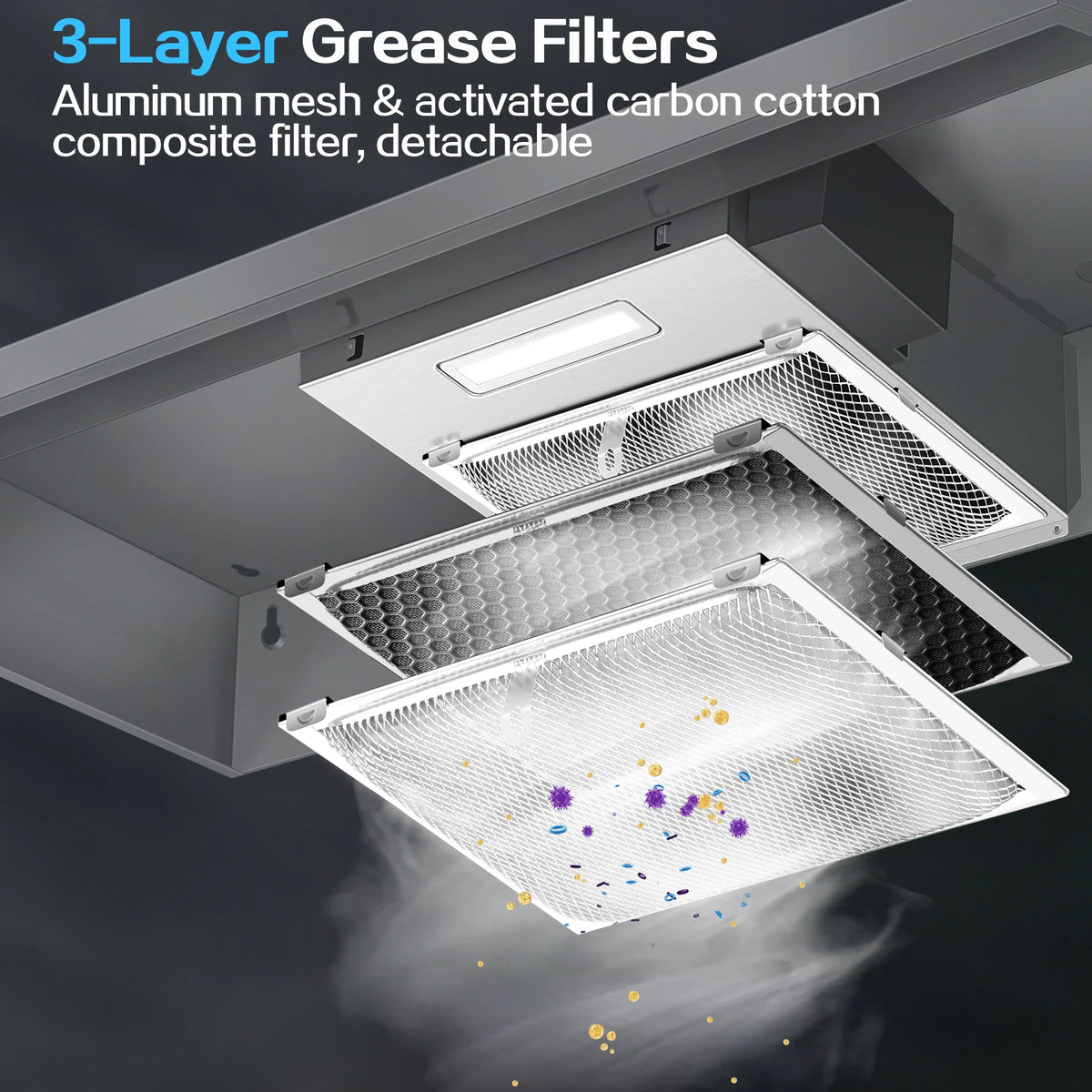 24 Inch Range Hood Under Cabinet, Stainless Steel Kitchen Hood 280CFM, Ducted/Ductless Vent Hood with Rocker Button Control