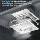 24 Inch Range Hood Under Cabinet, Stainless Steel Kitchen Hood 280CFM, Ducted/Ductless Vent Hood with Rocker Button Control