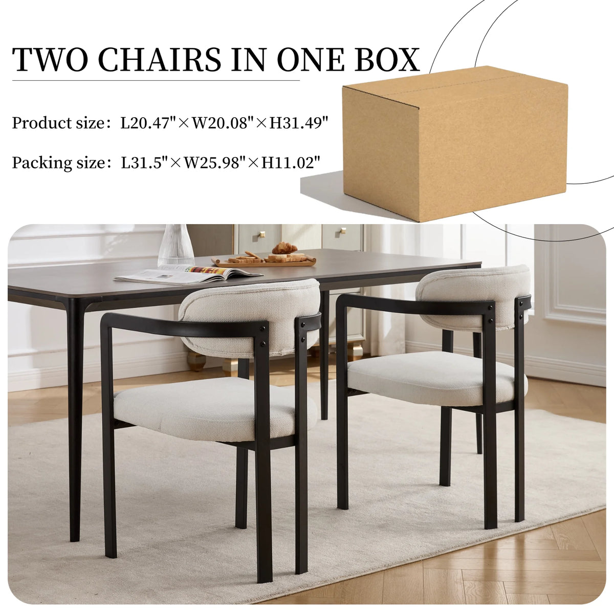 Mid-Century Modern Dining Chairs Set of 2  Soft Upholstered Fabric Chairs Black Metal Legs Ergonomic Comfort for Dining Room