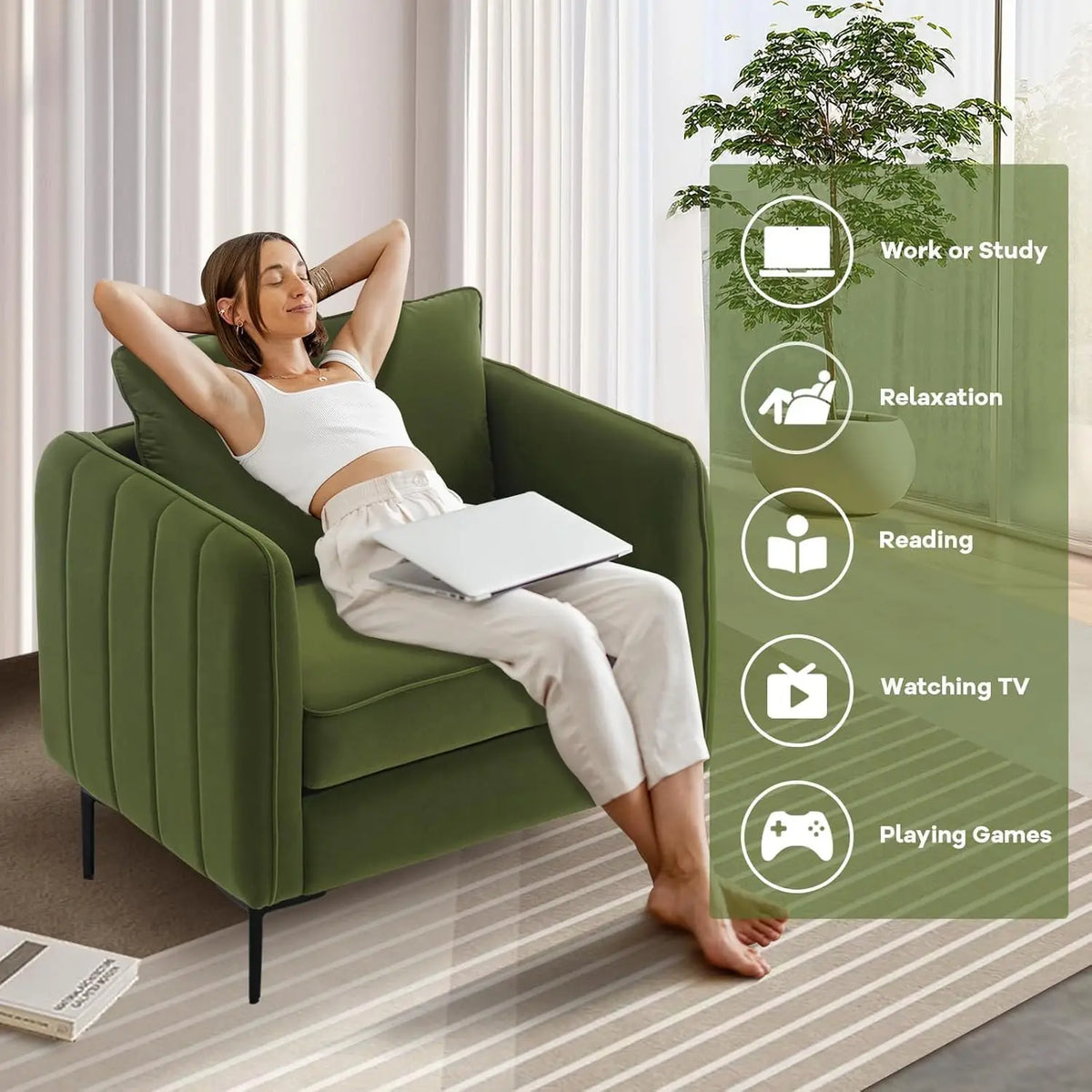 Velvet Comfy Single Seat Sofa Chair Mid-Century Modern Armchair with 1 Pillow and Metal Legs for Bedroom Office Reading