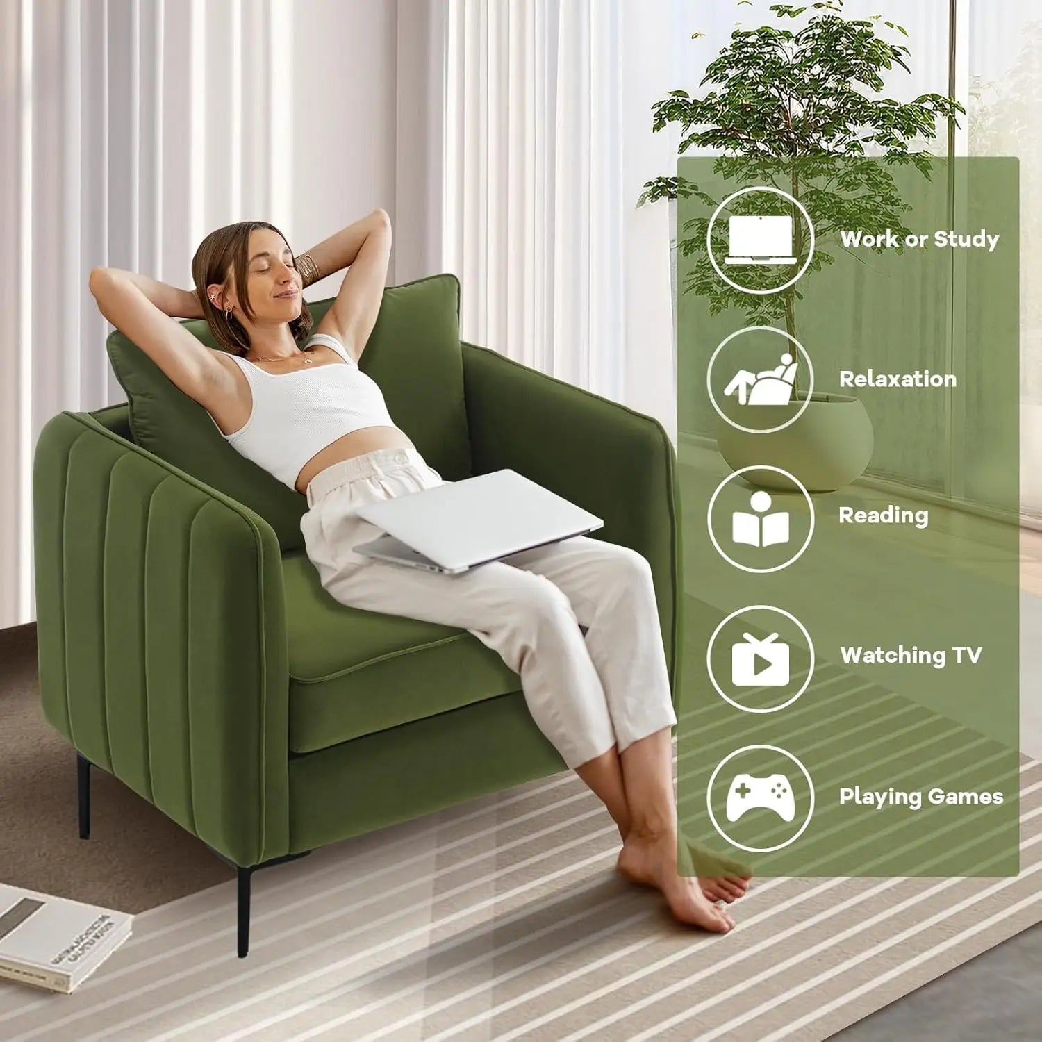 Velvet Comfy Single Seat Sofa Chair Mid-Century Modern Armchair with 1 Pillow and Metal Legs for Bedroom Offic - view 2