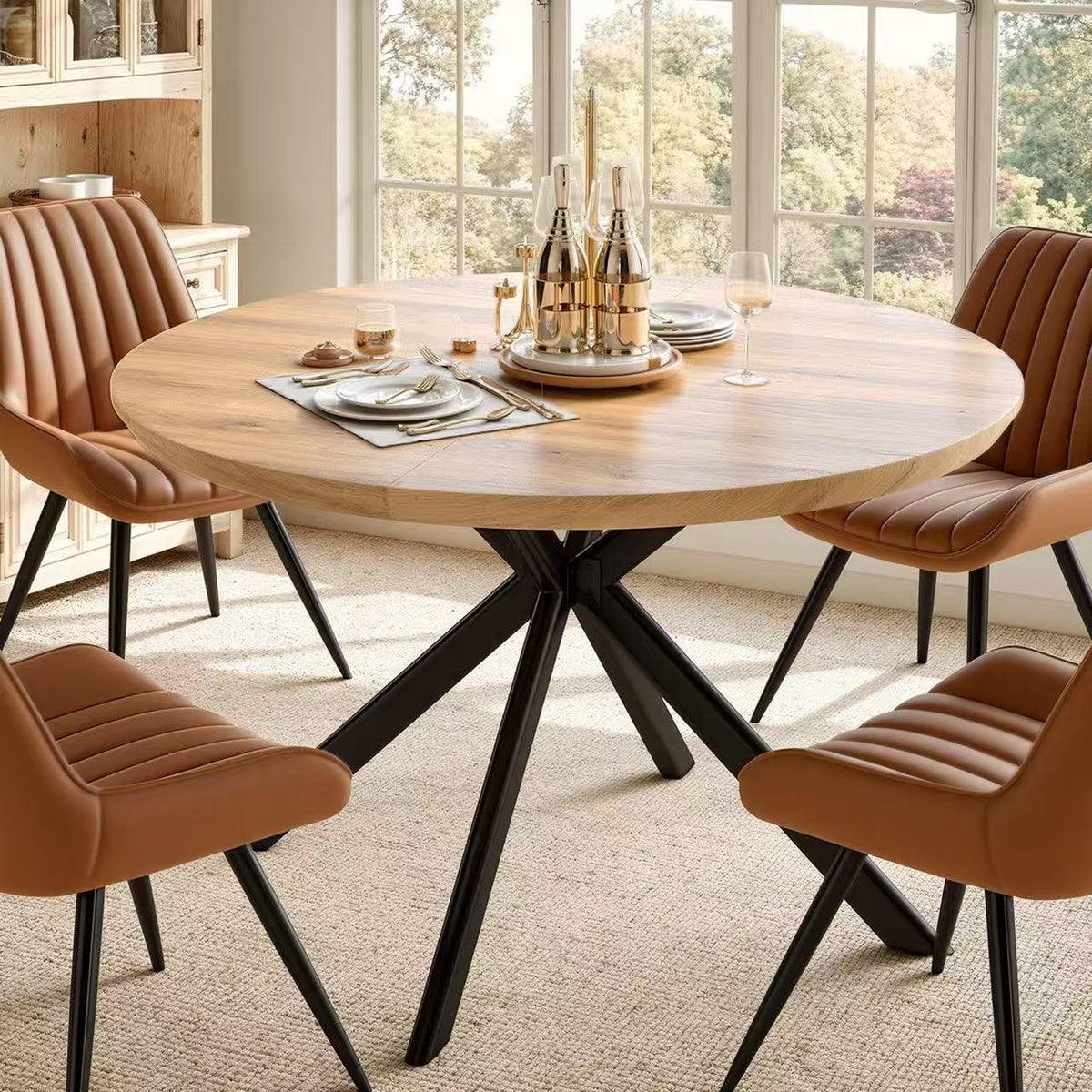 Modern Extendable Dining Table Set Hidden Storage Upholstered Chairs Solid Wood Assembled 4-Seater Waterproof Dining Room