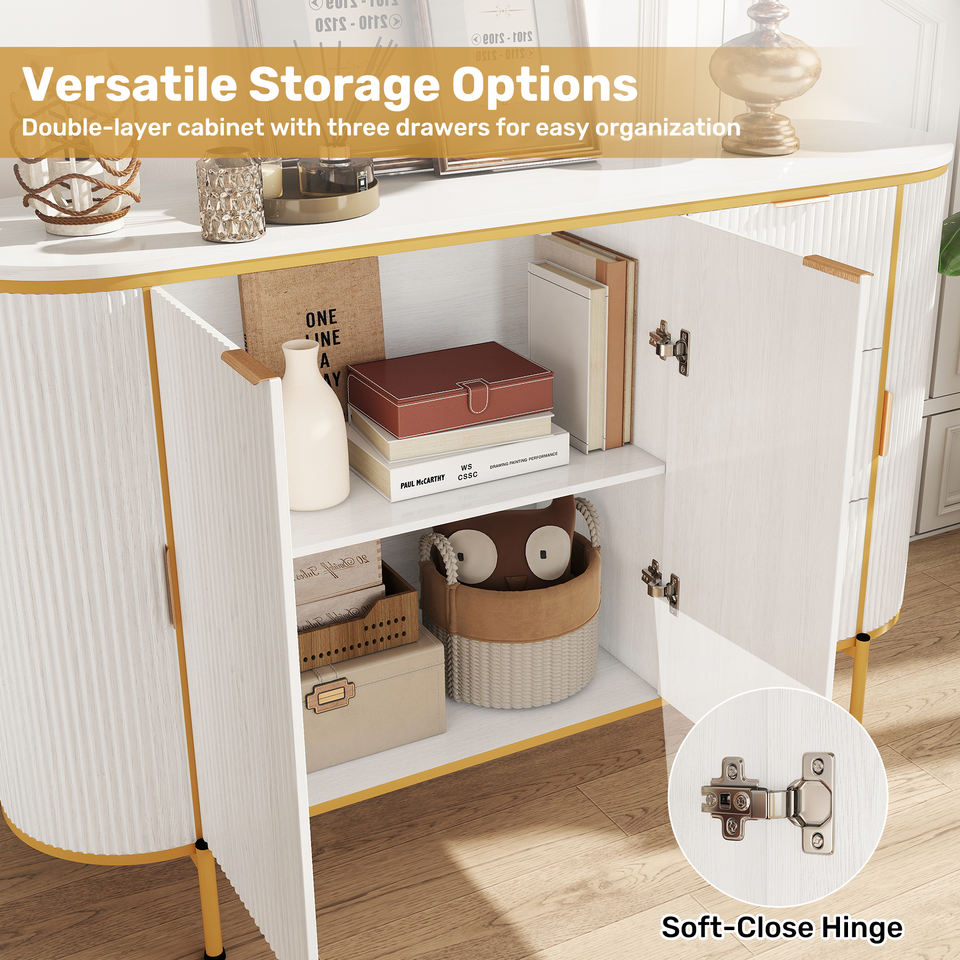 Modern Curved Solid Wood Accent Cabinet with Gold Trim Fluted Design 2 Doors 5+ Drawers Space-Saving for Living Room Dining Room