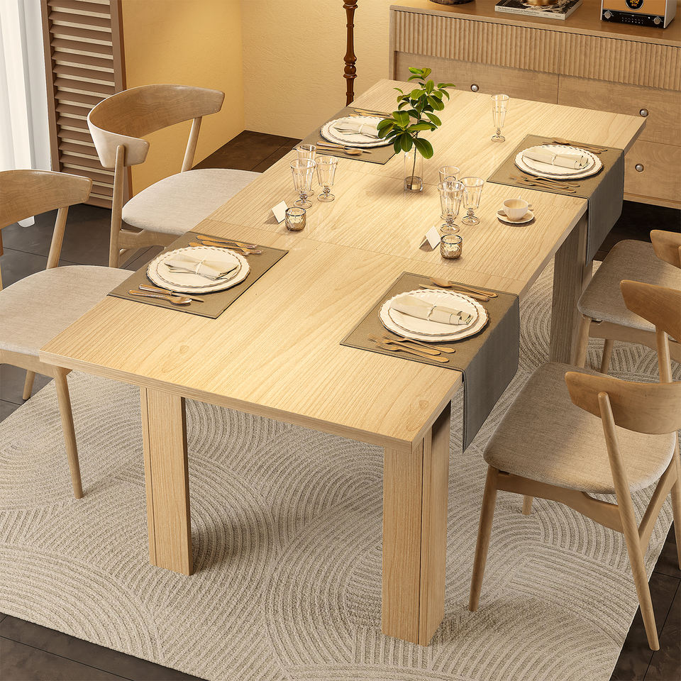 Extendable solid wood rectangular dining table with grooved wood-strip top set for a family meal
