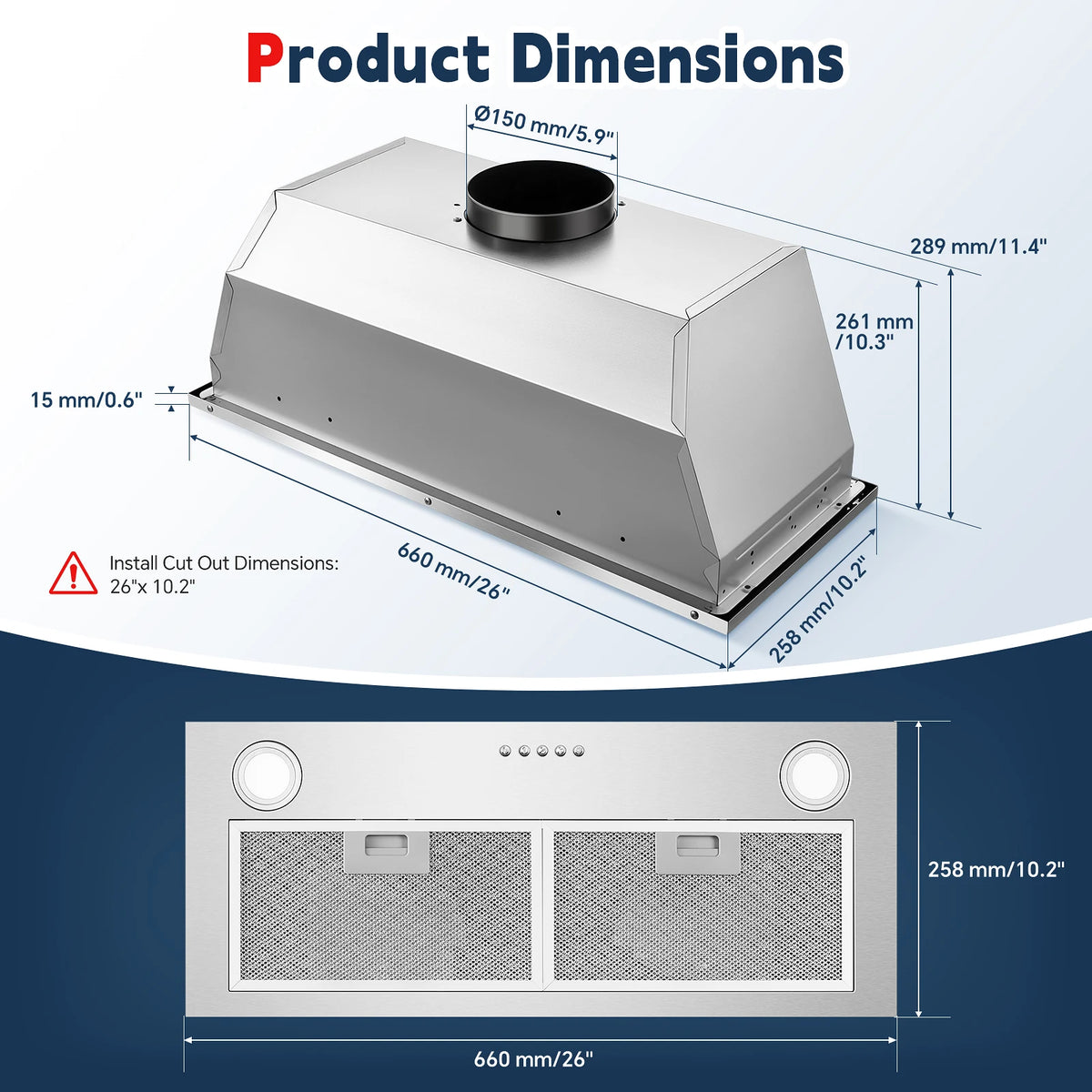 Range Hood Insert 30 Inch Stainless Steel Built-in Kitchen Hood with 13m³ / Min, Ductless/Ducted Range Hood, Push Button Control