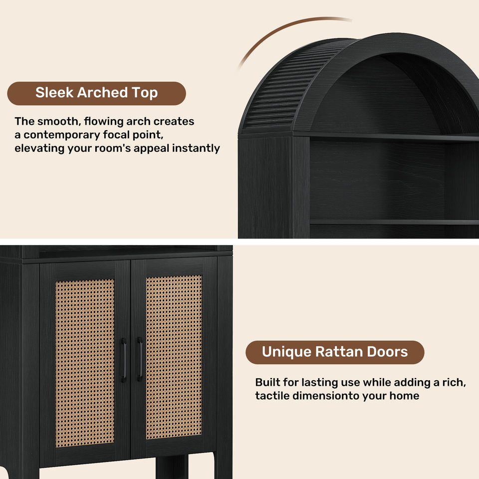 Arched Modern Eco-Friendly Durable Wood Multifunction Bookshelf Rattan Doors Adjustable Shelves Tall Ample Storage Display