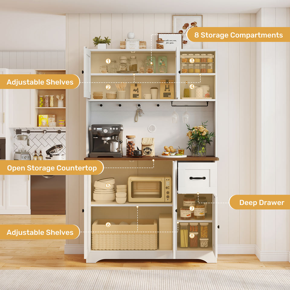 Solid Wood Modern Kitchen Pantry Cabinet Tall Storage Drawers Adjustable Shelves Freestanding Hutch Eco-Friendly Water Resistant