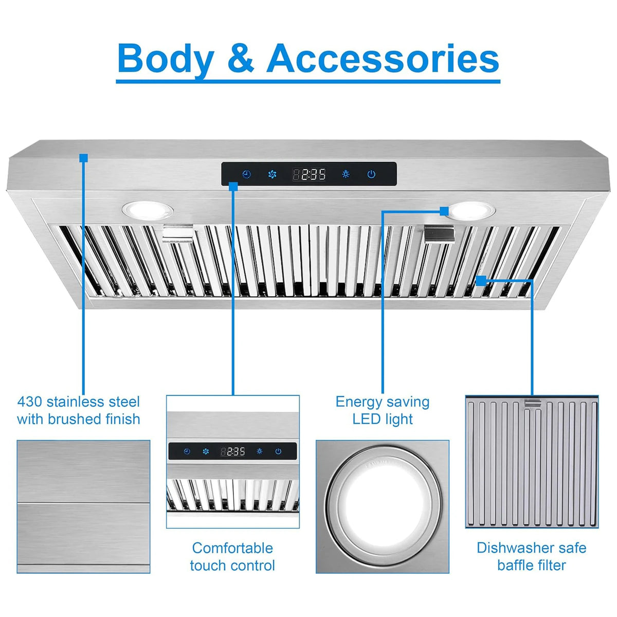 Range Hood 30 Inch Under Cabinet, Range Hoods with Touch Control,3-Venting Kitchen Hood,Stainless Steel Vent Hood