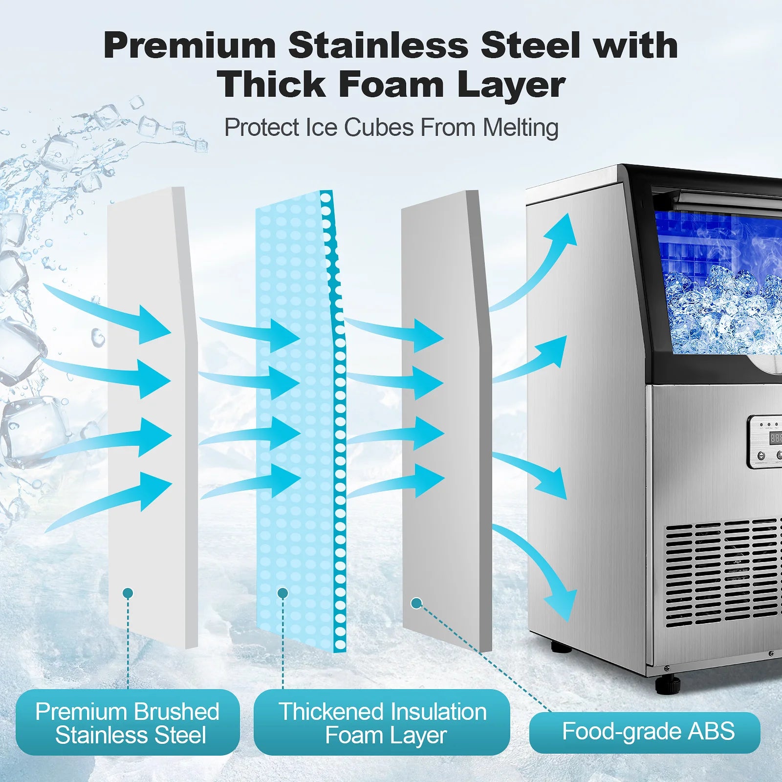 Commercial Ice Maker, 100lbs/24H Ice Maker Machine, Auto Self-Cleaning, LED Digital Display, Under Counter/Fre - view 3
