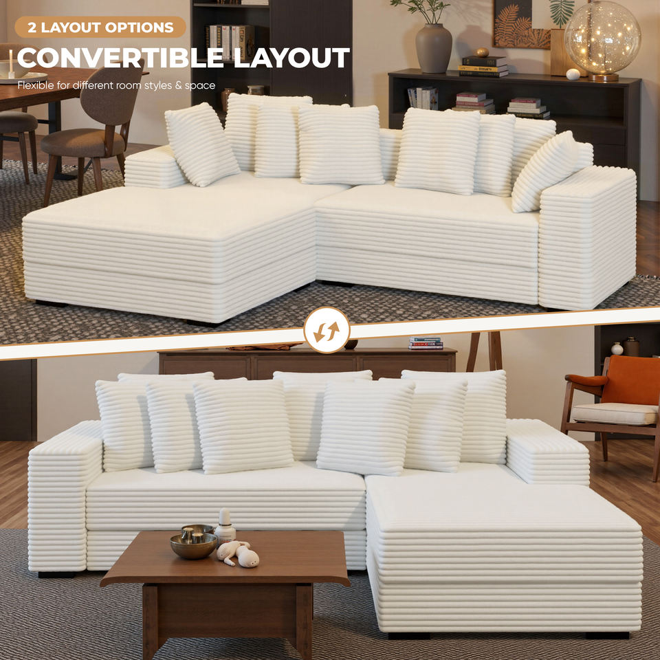 Modern Sectional Sofa Bed Set L-Shape Chaise Foldable Non-Inflatable Sponge Extra Large Reversible Corduroy Cover Metal Frame
