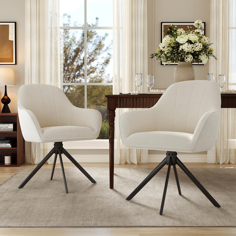 Modern Beige Linen Tufted Portable Reclining Swivel Dining Chair with 360 Rotation Ergonomic Backrest for Home Restaurant Hotel (Set of 2)
