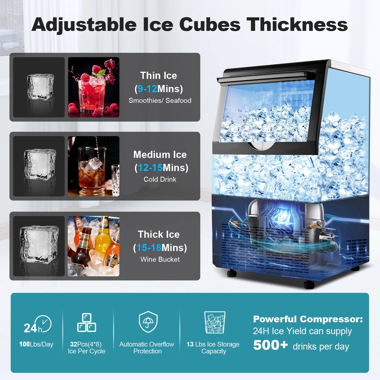 Commercial Ice Maker, 100lbs/24H Ice Maker Machine, Auto Self-Cleaning, LED Digital Display, Under Counter/Fre - view 5