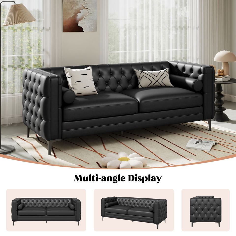 Modern Chesterfield Convertible Loveseat Waterproof Faux Leather Sofa Cooling Wide Seat Bolster Pillows for Apartment School