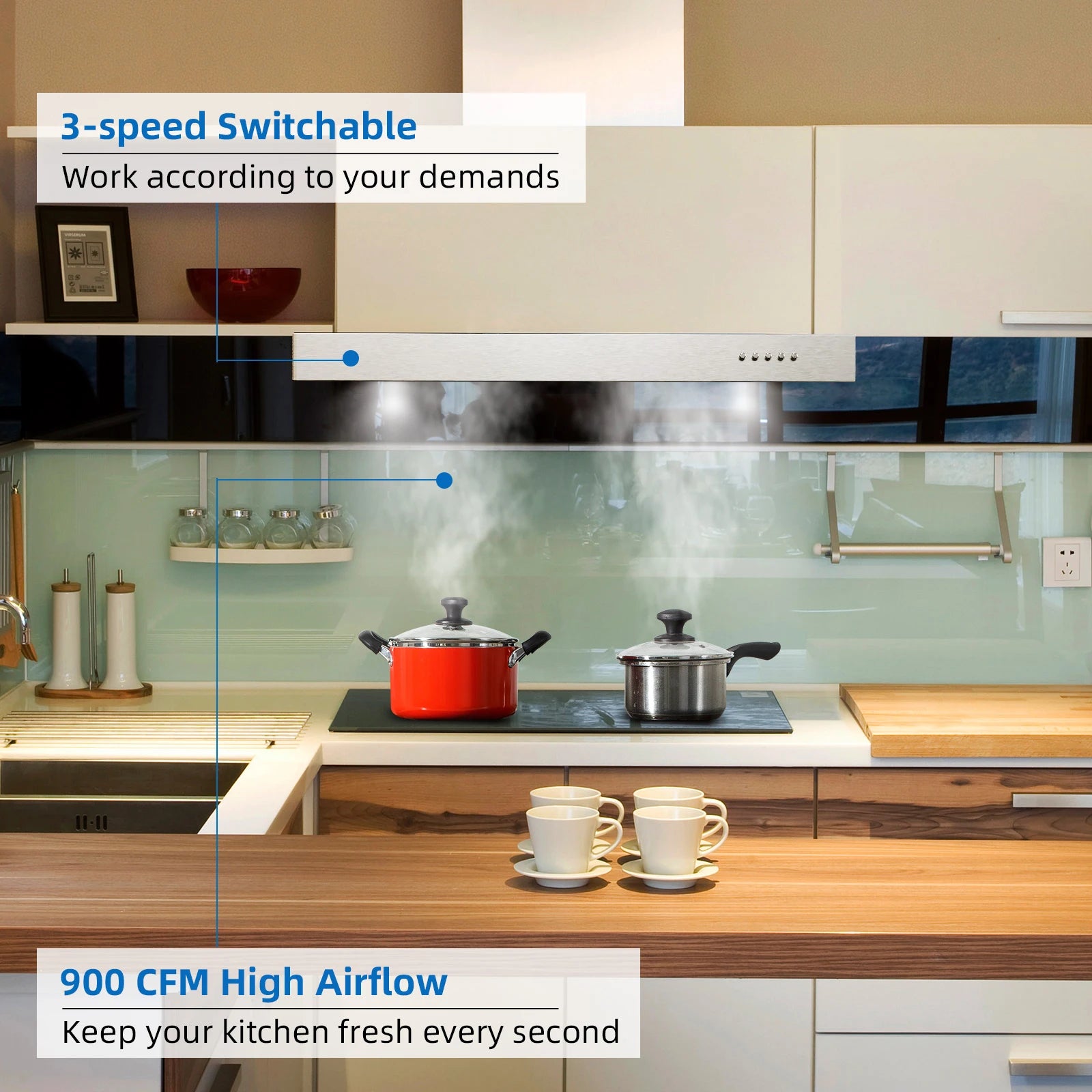 Wall Mount Range Hood 30 Inch 900CFM Vent Hood T Shape with Stainless Steel Stove Hood Split Type Permanent Gr - view 3