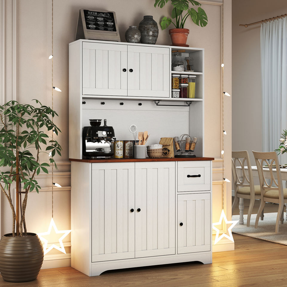 Solid Wood Modern Kitchen Pantry Cabinet Tall Storage Drawers Adjustable Shelves Freestanding Hutch Eco-Friendly Water Resistant