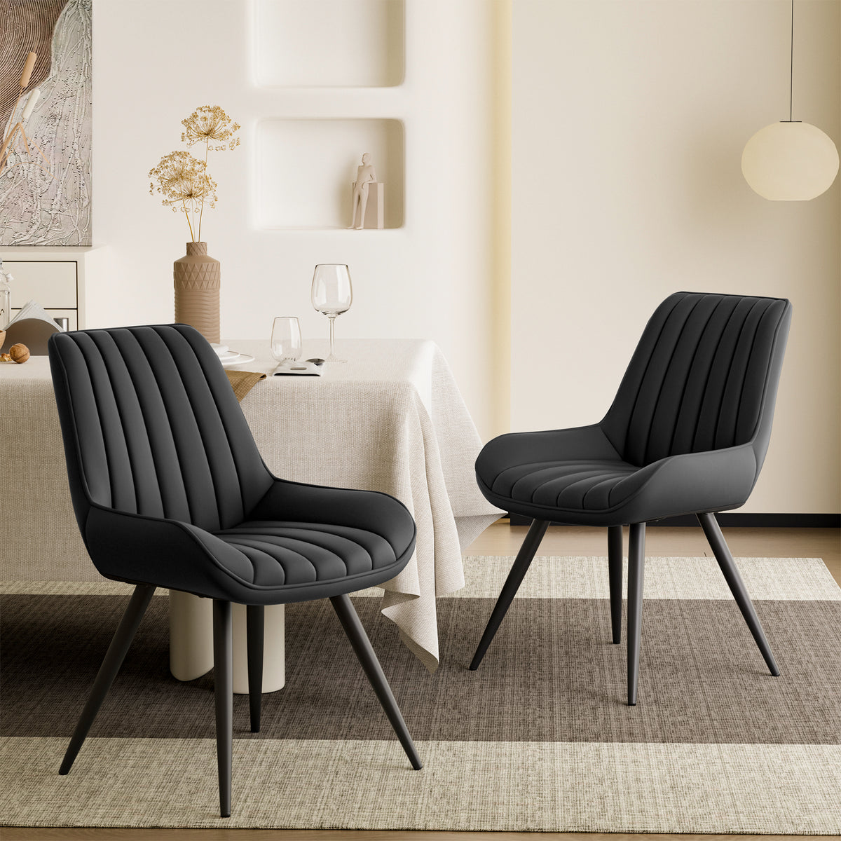 Ergonomic Modern Ribbed Dining Chair Premium Fabric Upholstered Waterproof Soft Adjustable Foot Pads Living Room Park (Set of 4)