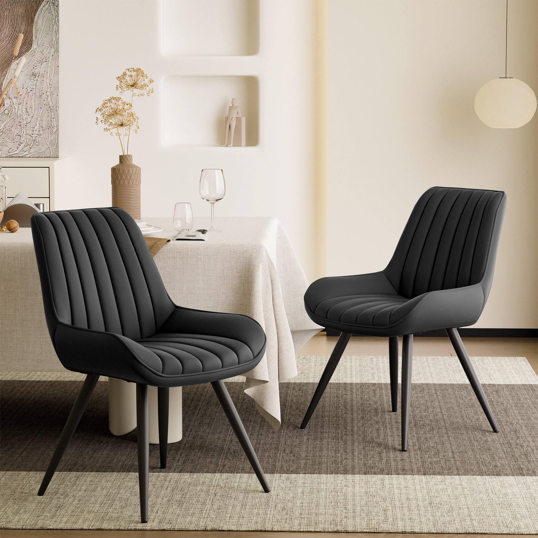 Ergonomic Modern Ribbed Dining Chair Premium Fabric Upholstered Waterproof Soft Adjustable Foot Pads Living Room Park (Set of 4)