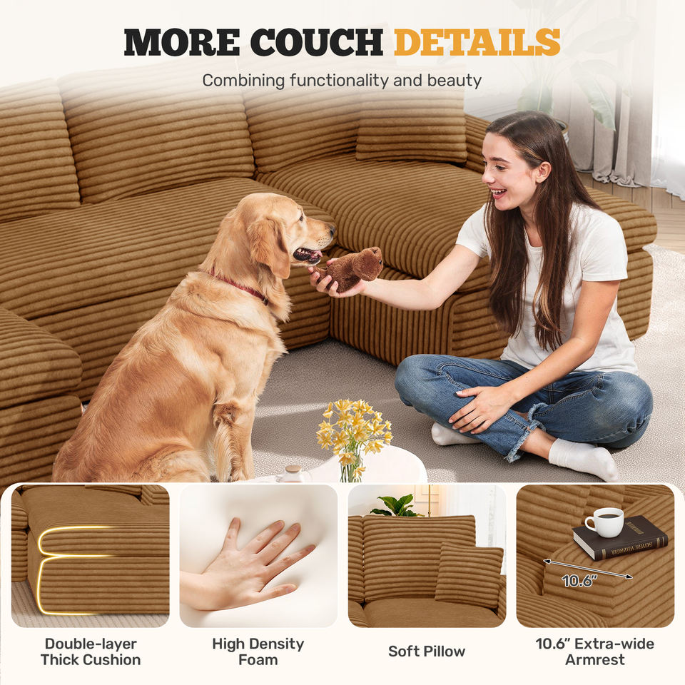 Corduroy Square 2-Seater Chaise Sofa Sponge Deep Seats Pillows Vacuum Packed Oversized Loveseat for Large Spaces Hospital Mall