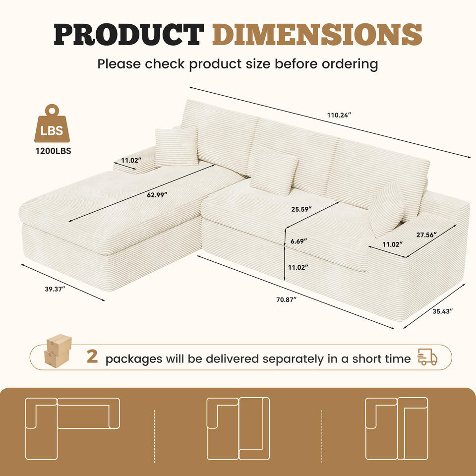 Modern Extendable Velvet Oversized Sectional Sofa Bed Set with Detachable Pillows Thick Sponge Cushion for Large Living Room