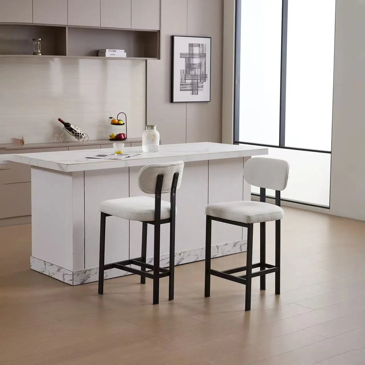 Modern Home Bar Stools with Fabric Cushion Set of 2 Ergonomic Backrest Metal Legs for Hotels Dining and Kitchen Use