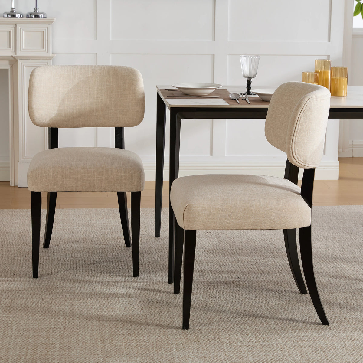 Modern Upholstered Set of 2 Beige Linen Fabric Dining  Chairs with Black Solid Wood Legs for Kitchen Dining Room Furniture