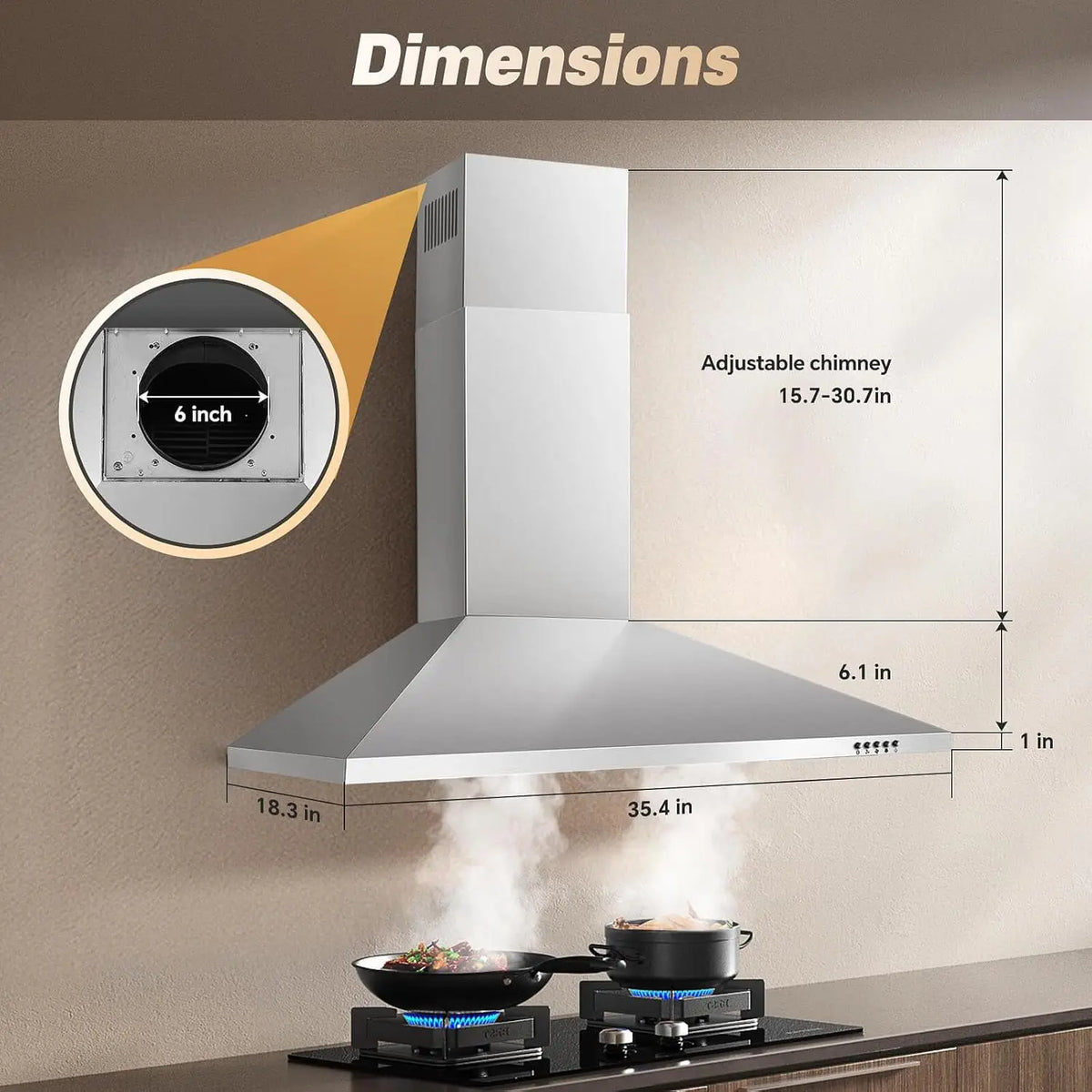 36 Inch Range Hood, 450CFM Wall Mount Stainless Steel Kitchen Vent Hood - 3-Speed Exhaust Fan, LED Light & Push Button Control