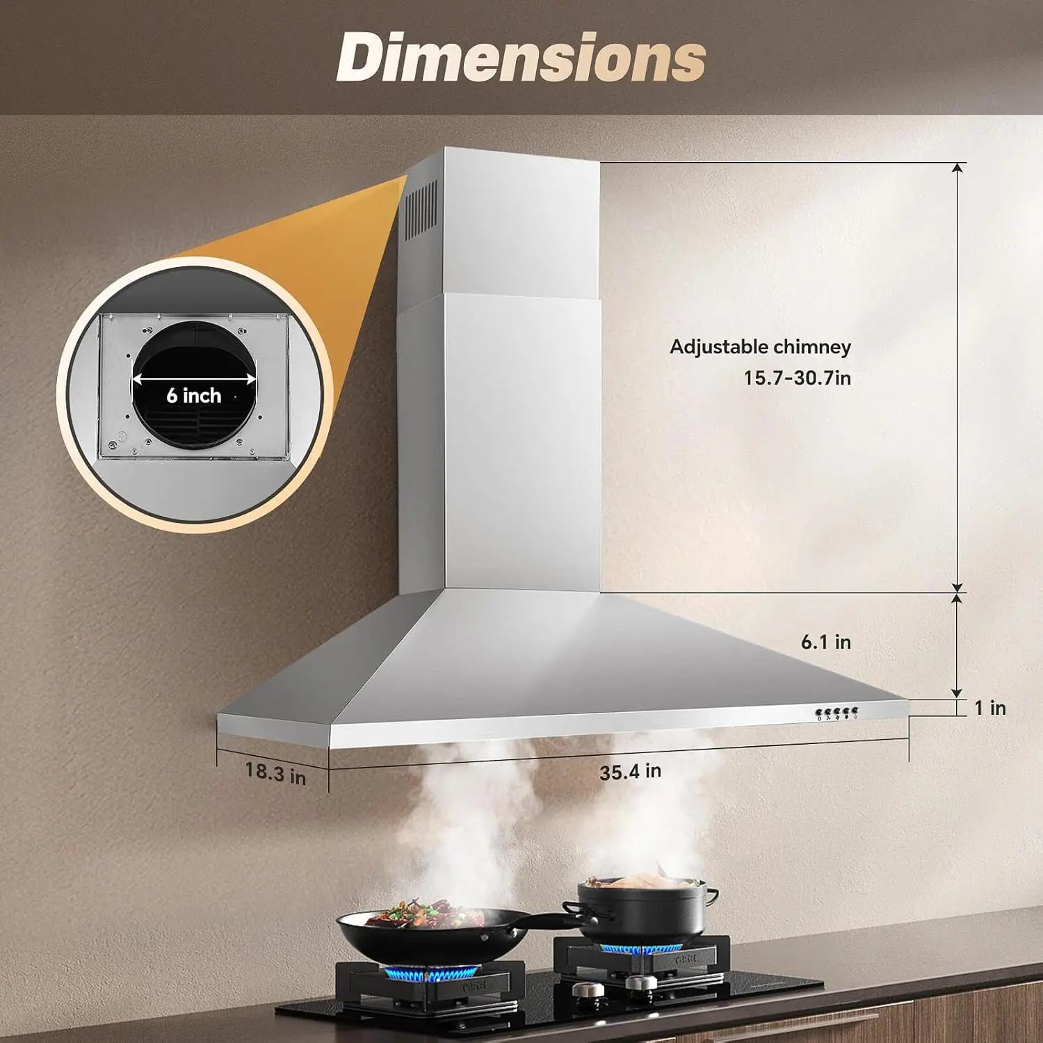 36 Inch Range Hood, 450CFM Wall Mount Stainless Steel Kitchen Vent Hood - 3-Speed Exhaust Fan, LED Light & Push Button Control