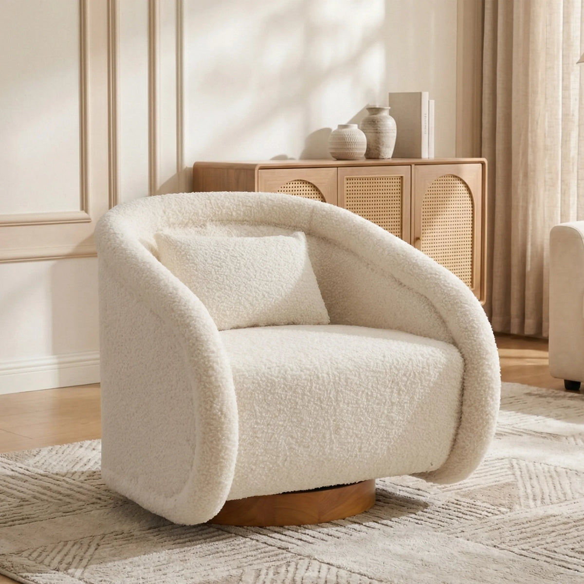 Modern Beige Teddy Fabric Round 360 Degree Swivel Barrel Accent Arm Chair with Padded Seat and Wooden Base for Cozy Living Rooms