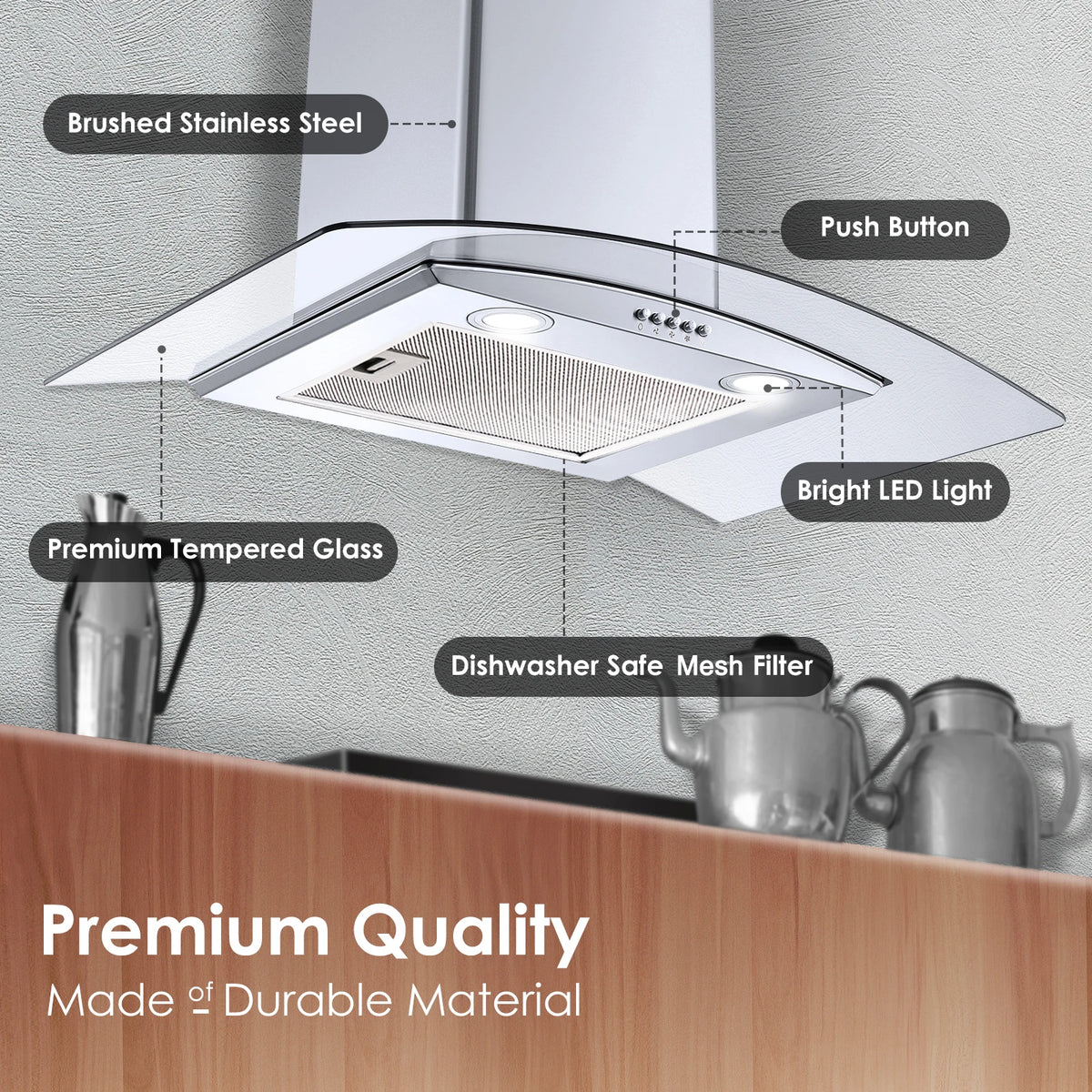 Range Hood 30 Inch, Tieasy Wall Mount Kitchen Hood , Stainless Steel Chimney and Aluminum Filters, LED Lights, 3 Speed Fan