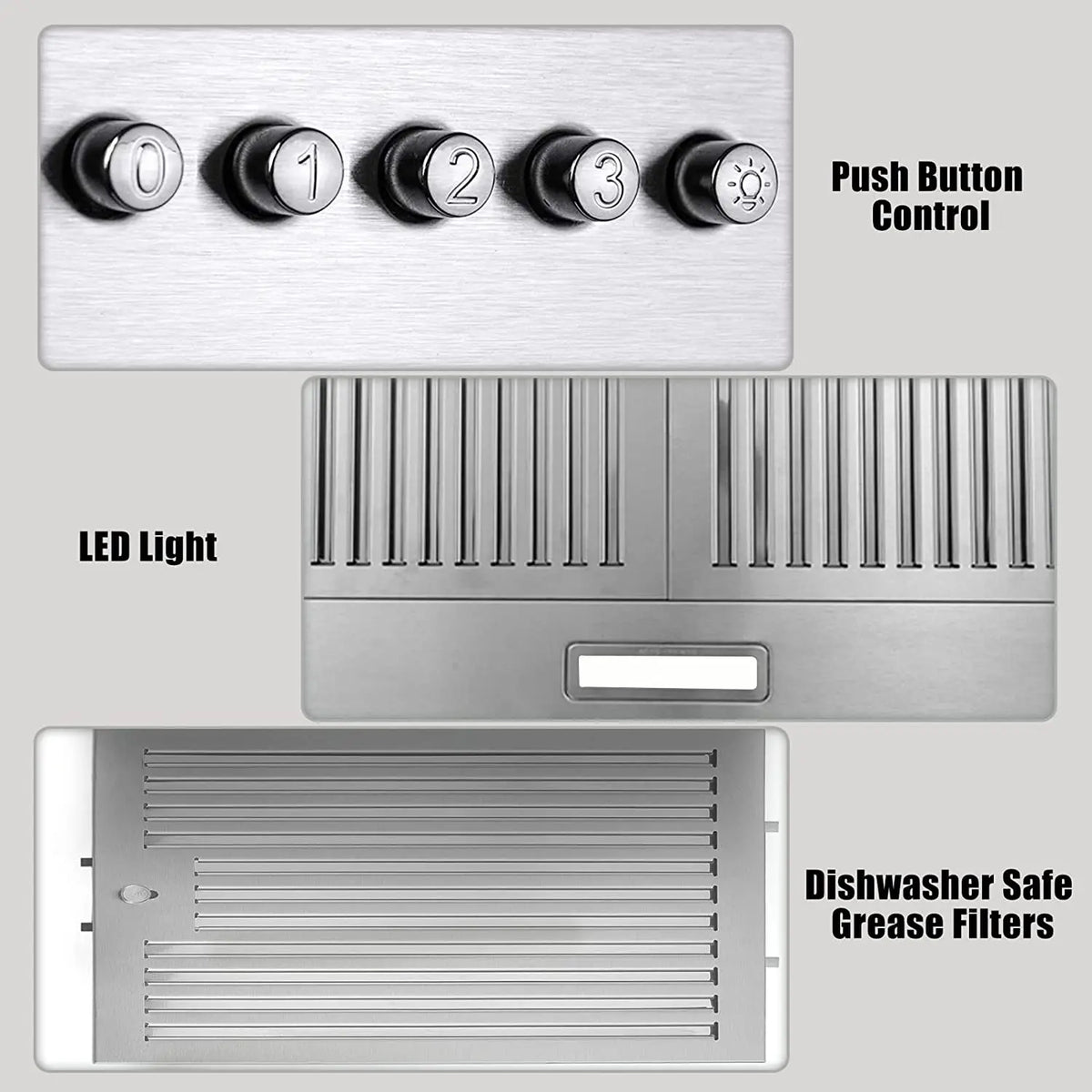 24 Inch Range Hood, Wall Mount Vent Hood in Stainless Steel 3 Speed Exhaust Fan, Energy Saving LED Light, Push Button Control