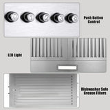 24 Inch Range Hood, Wall Mount Vent Hood in Stainless Steel 3 Speed Exhaust Fan, Energy Saving LED Light, Push Button Control