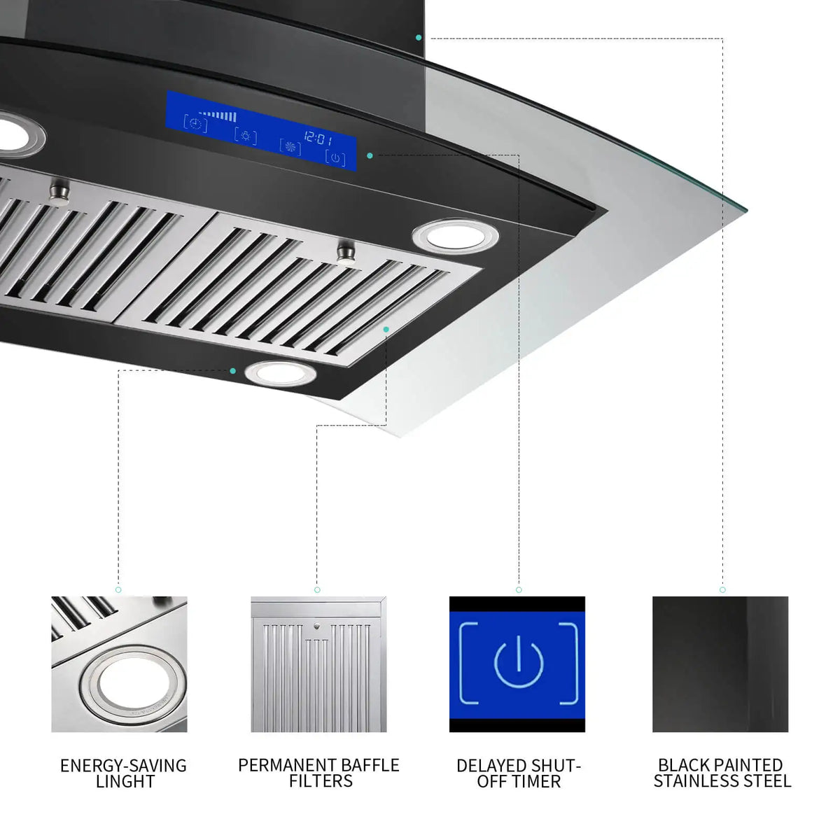 30 Inch Island Range Hood Black 700CFM Touch Panel Ceiling Mount Vent Hood, Stainless Steel Kitchen Exhaust Fan Convertible
