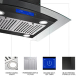 30 Inch Island Range Hood Black 700CFM Touch Panel Ceiling Mount Vent Hood, Stainless Steel Kitchen Exhaust Fan Convertible