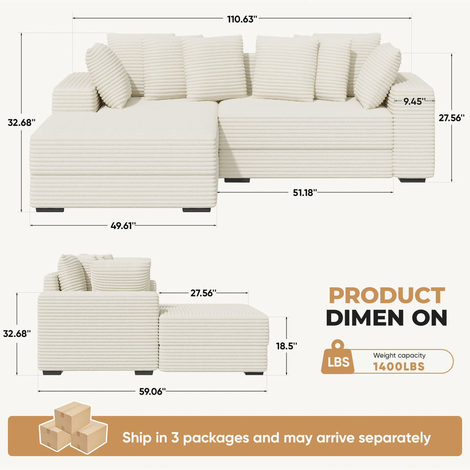 Modern Sectional Sofa Bed Set L-Shape Chaise Extra Large Reversible Fabric Cover Sponge-Filled Metal Frame Foldable Hall