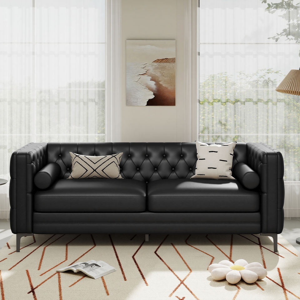 Modern Chesterfield Convertible Loveseat Waterproof Faux Leather Sofa Cooling Wide Seat Bolster Pillows for Apartment School