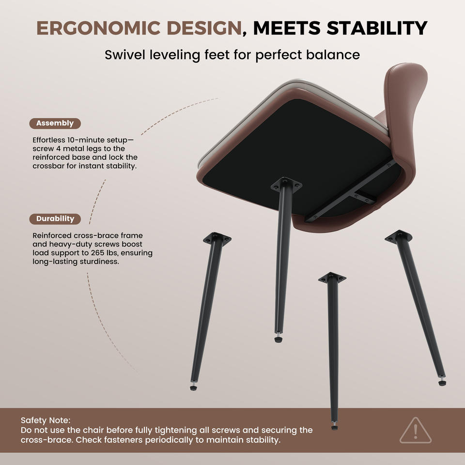 Modern Ergonomic Lightweight PU Leather Upholstered Waterproof Stable Dining Chair Curved Backrest for Home Dining Living Rooms (Set of 4)