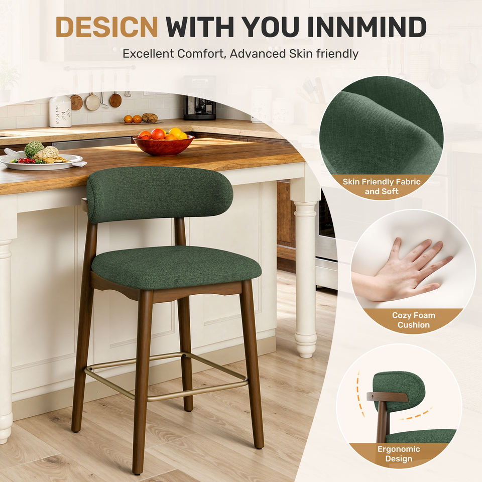 Eco-Friendly Fabric Durable Modern Bar Chair Solid Wood Frame 26.5 Inch Height Backrest for Kitchen Island Outdoor Hotel Use (Set of 3)