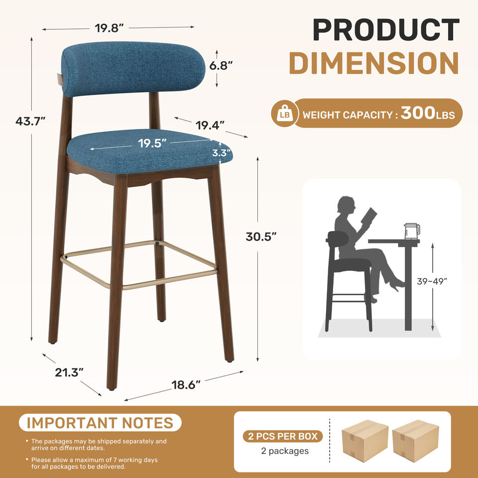 Modern Steady Metal Counter Height Bar Stools with Rubber Wood Legs Ergonomic Backrest for Home Bar Dining Room & Outdoor Use (Set of 2)