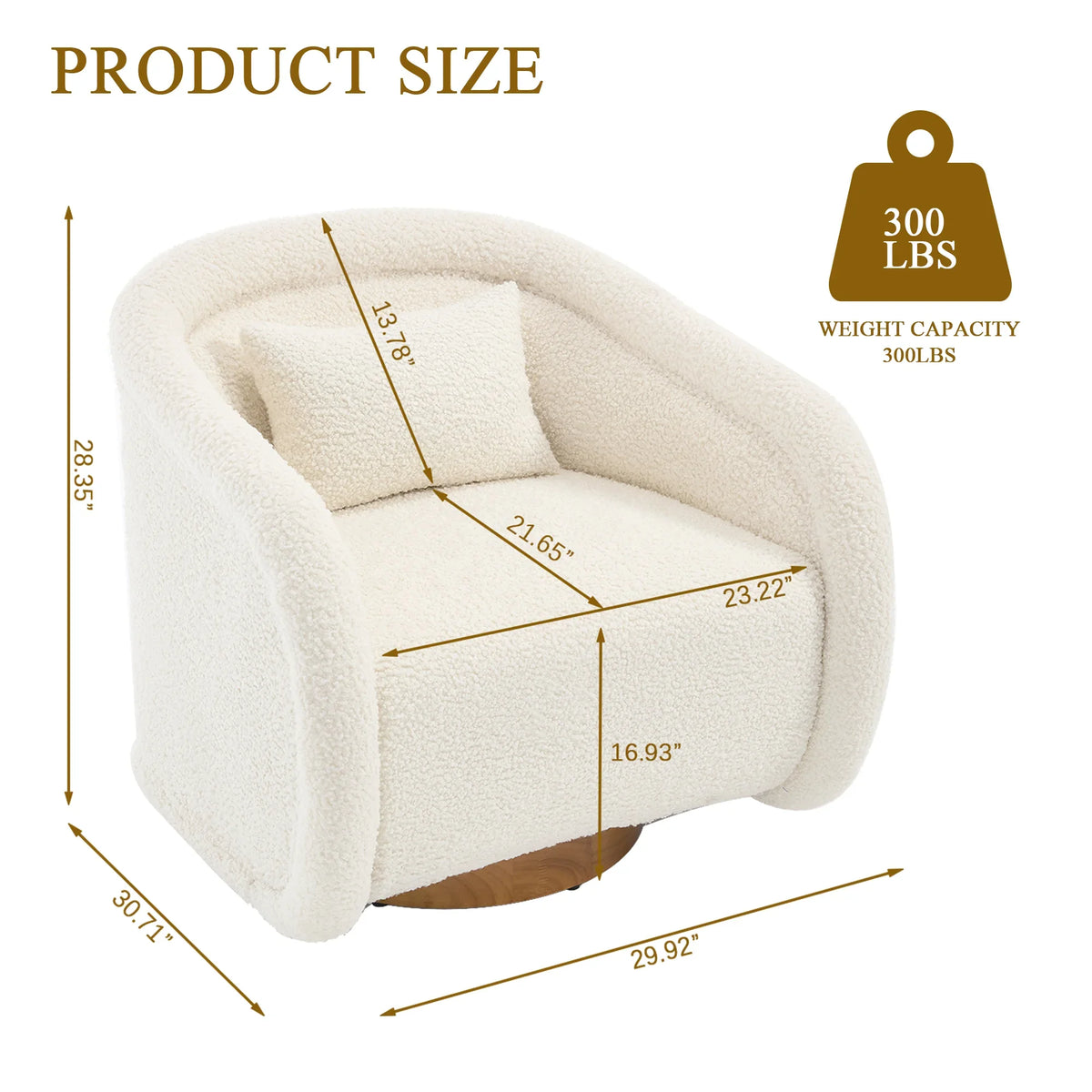 Modern Beige Teddy Fabric Round 360 Degree Swivel Barrel Accent Arm Chair with Padded Seat and Wooden Base for Cozy Living Rooms