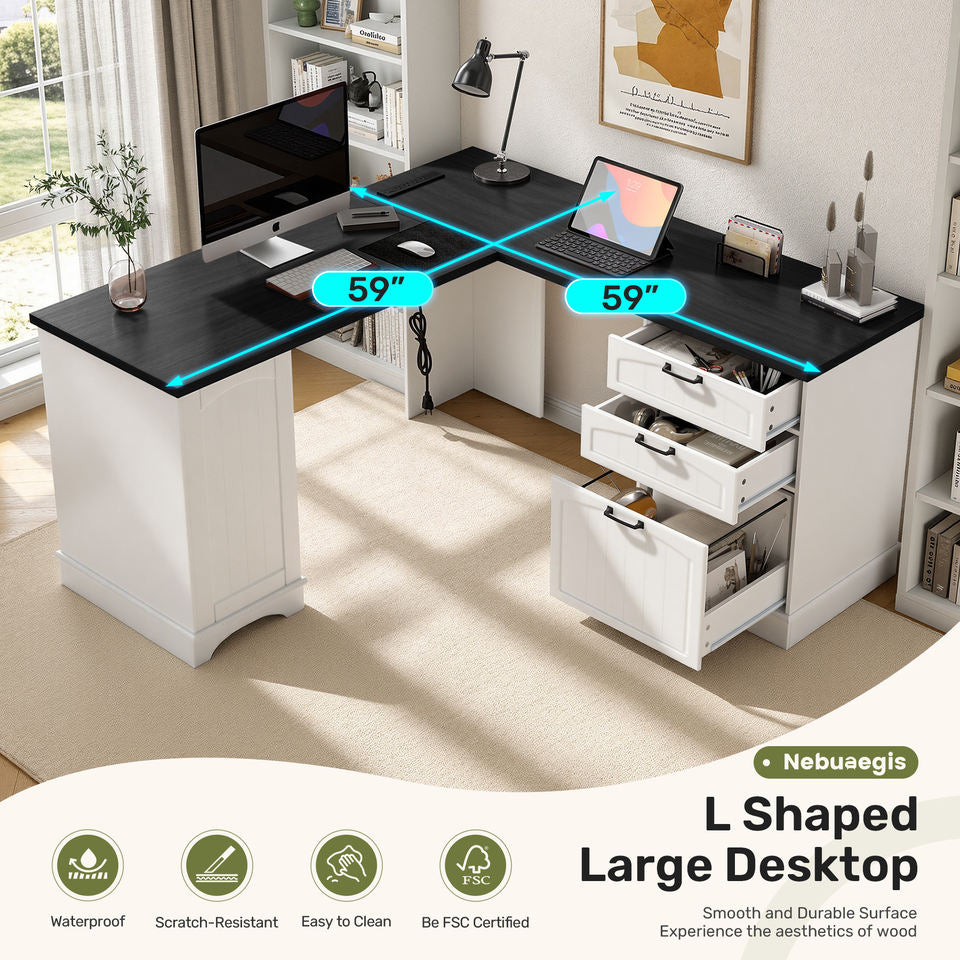 Modern L-Shaped Office Desk with USB Charging Drawers & File Cabinet Easy Assembly for Home & Office