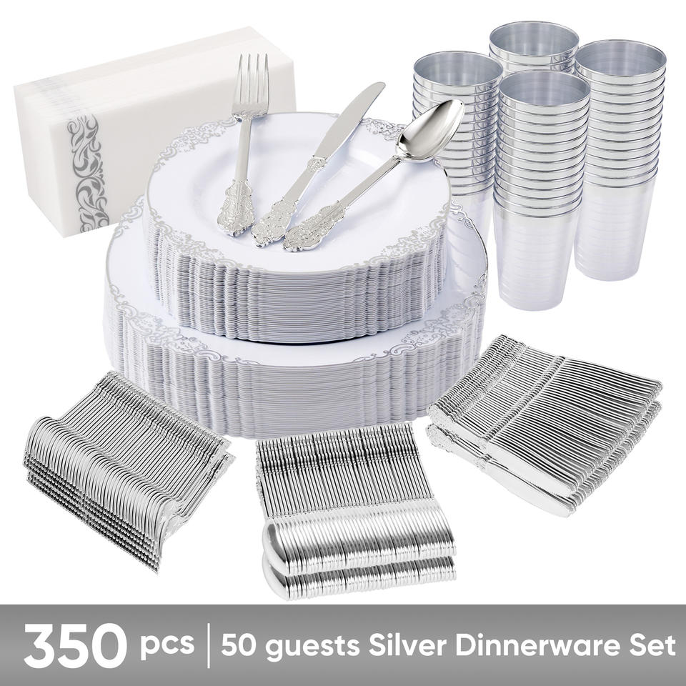 350PCS Disposable PET Dinnerware Set Tableware Kit Plates Cups Cutlery Napkins Gold Rim Freezer Safe BPA-Free Eco-Friendly