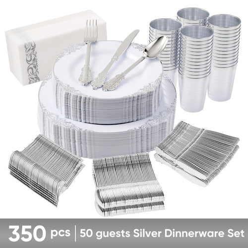 350-piece disposable dinnerware set with gold-rim plates, cups, cutlery and napkins