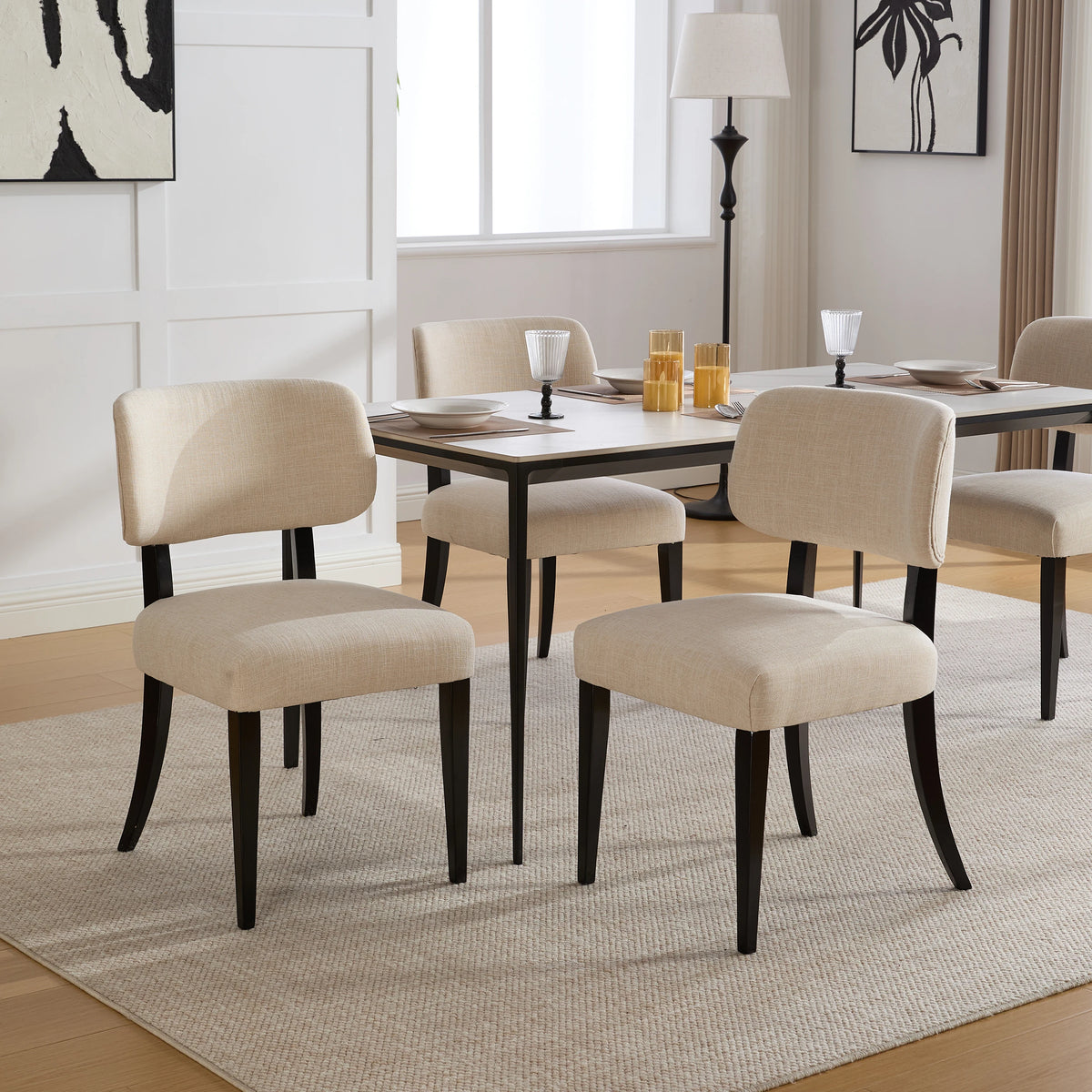 Modern Upholstered Set of 2 Beige Linen Fabric Dining  Chairs with Black Solid Wood Legs for Kitchen Dining Room Furniture