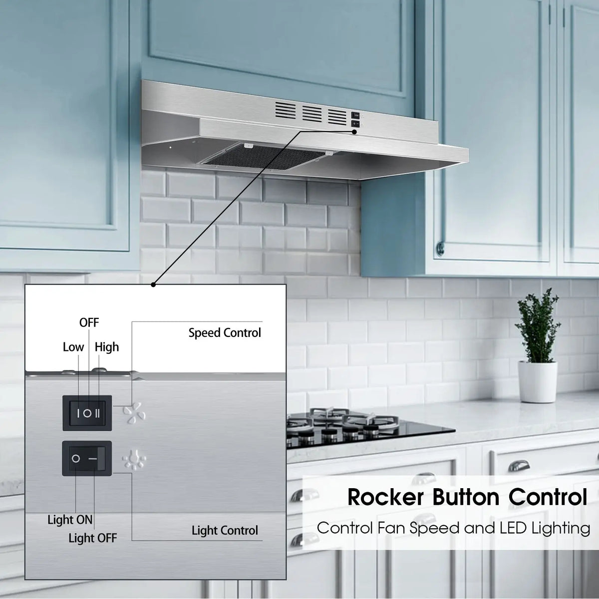 Range Hood 30 Inch Under Cabinet, Stainless Steel Kitchen Vent Hood 280CFM, Built-in Kitchen Stove Hood W/Rocker Button Control