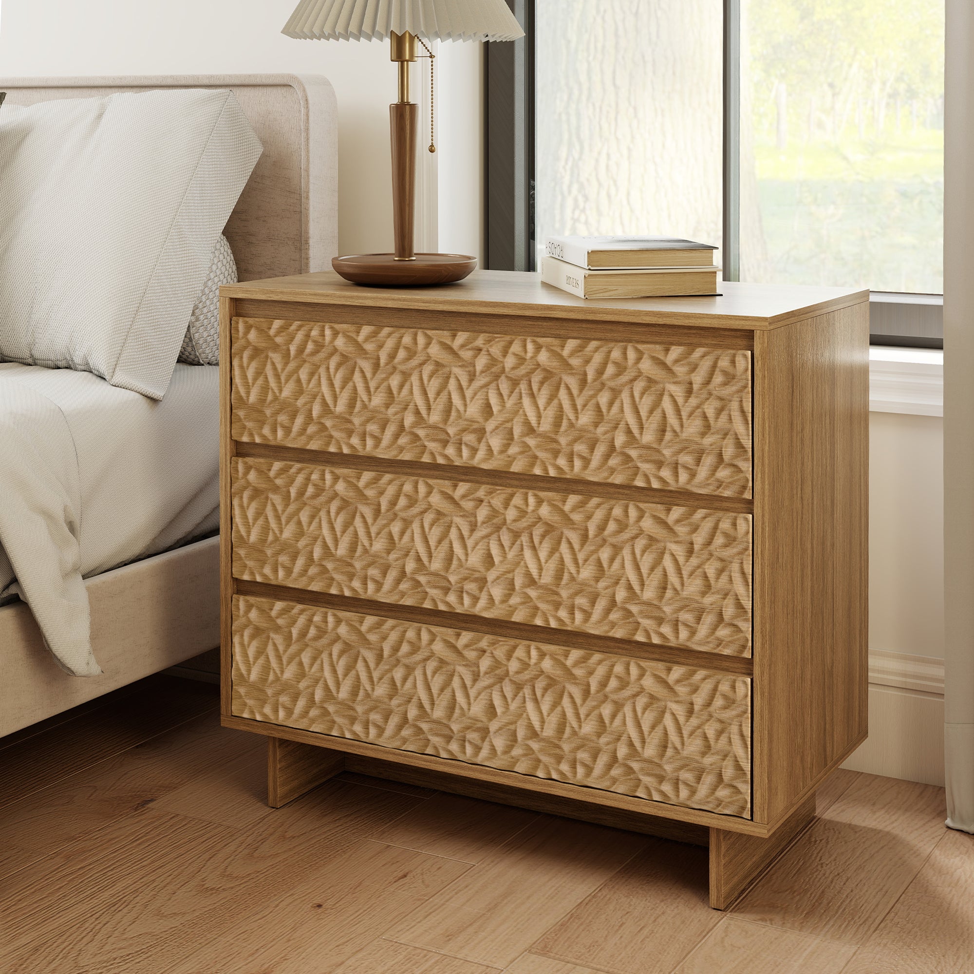 Modern 3-Drawer Wooden Nightstand USB Ports AC Outlets Waterproof Hidden Handle Eco-Friendly Handmade Apartment Bedroom Living