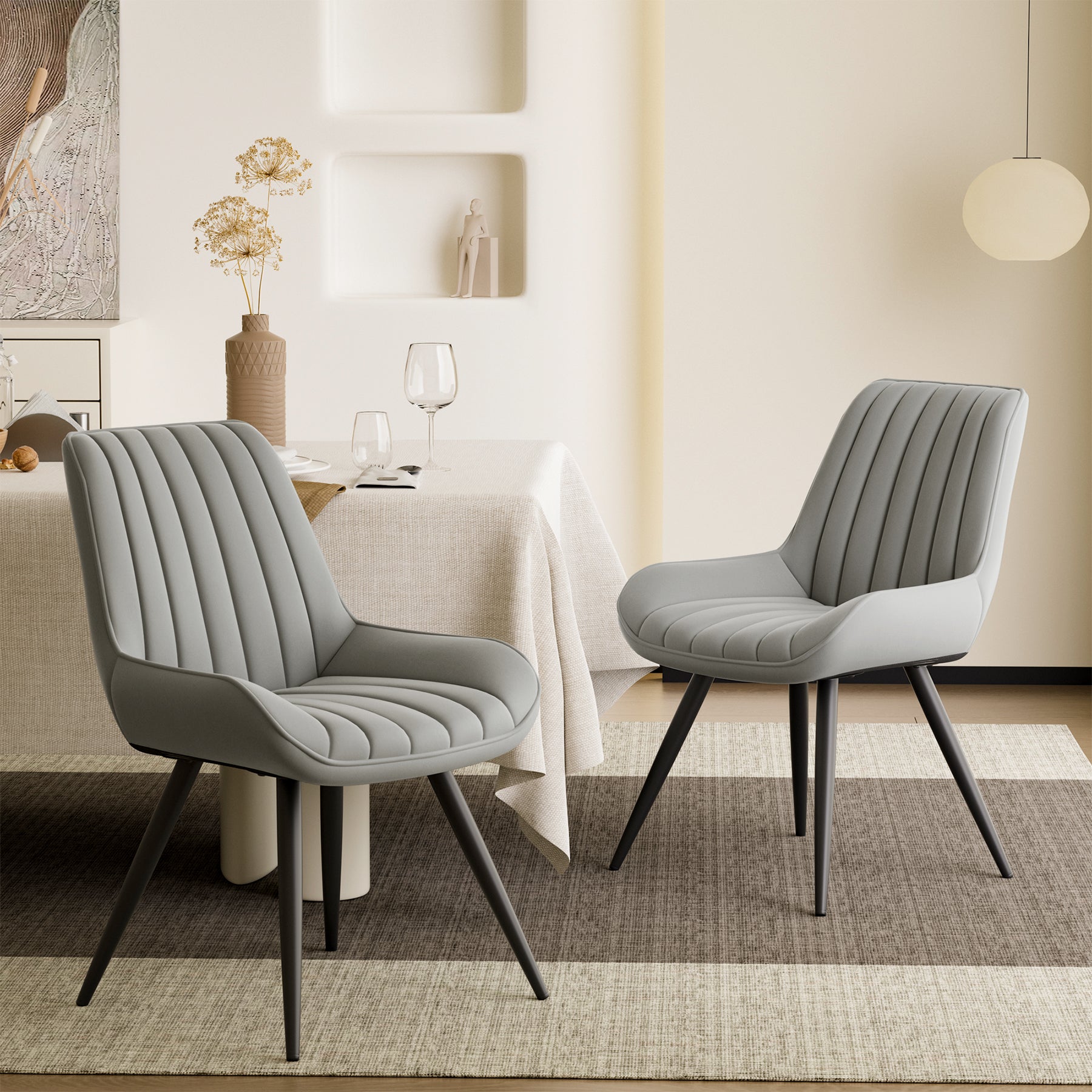 Ergonomic Modern Ribbed Dining Chair Premium Fabric Upholstered Waterproof Soft Adjustable Foot Pads Living Room Park (Set of 4)