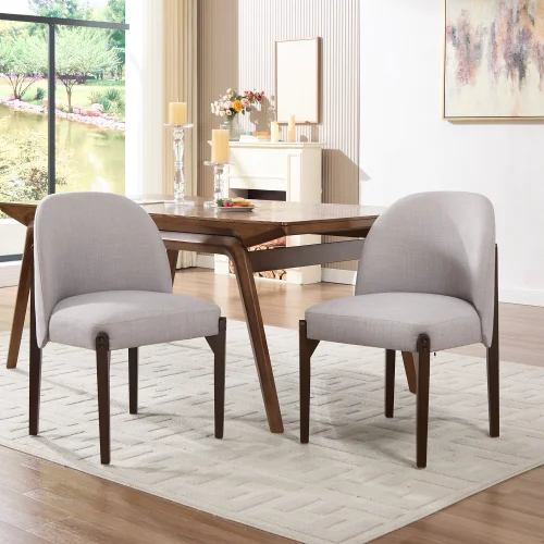 Stock Modern Upholstered Dining Chairs Set of 2 Beige Fabric with Solid Wood Legs Ergonomic Backrest for Kitchen Dining Room