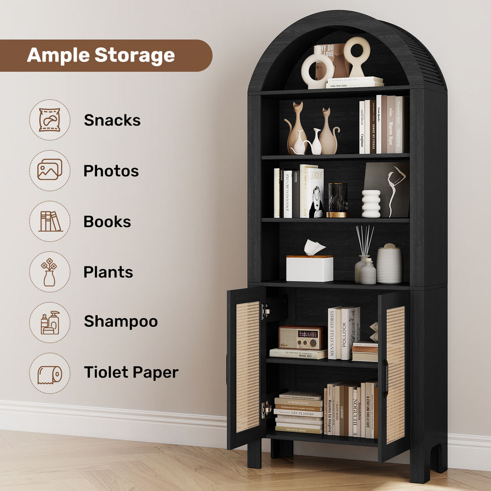 Arched Modern Eco-Friendly Durable Wood Multifunction Bookshelf Rattan Doors Adjustable Shelves Tall Ample Storage Display