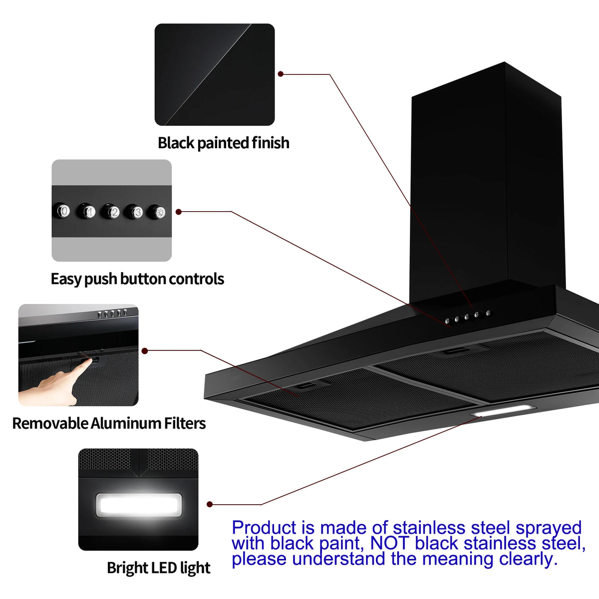 24 Inch Range Hood Black Range Hood, Ductless Range Hood with Energy Saving LED Light,Wall Mount Kitchen Hood ,Black Vent Hood